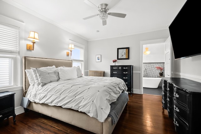 1130 Paulina St, Oak Park, IL 60302 - bedroom featuring crown molding, radiator, a ceiling fan, baseboards, and hardwood / wood-style flooring