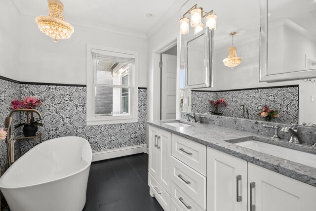 1130 Paulina St, Oak Park, IL 60302 - full bathroom featuring baseboard heating, ornamental molding, a sink, and wainscoting