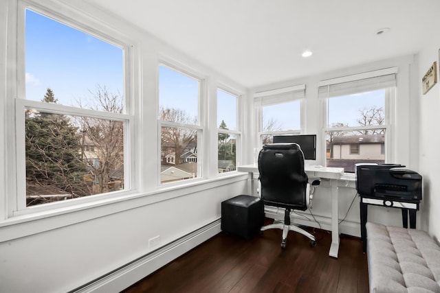 1130 Paulina St, Oak Park, IL 60302 - office with dark wood-type flooring, a baseboard radiator, a healthy amount of sunlight, and recessed lighting