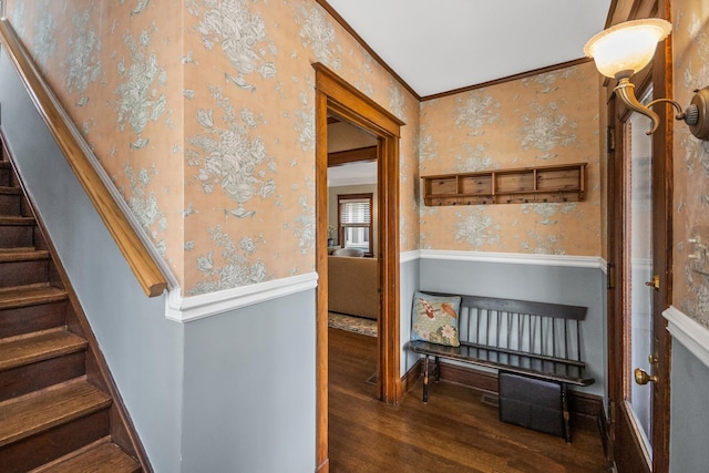1130 Paulina St, Oak Park, IL 60302 - stairs with crown molding, baseboards, wood finished floors, and wallpapered walls