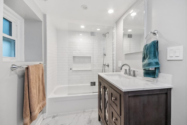 1130 Paulina St, Oak Park, IL 60302 - bathroom featuring recessed lighting, marble finish floor, vanity, and shower / washtub combination