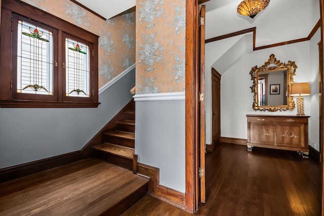 1130 Paulina St, Oak Park, IL 60302 - stairway featuring wallpapered walls, wood finished floors, baseboards, and ornamental molding