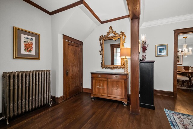 1130 Paulina St, Oak Park, IL 60302 - bathroom with baseboards, ornamental molding, a chandelier, wood finished floors, and radiator heating unit