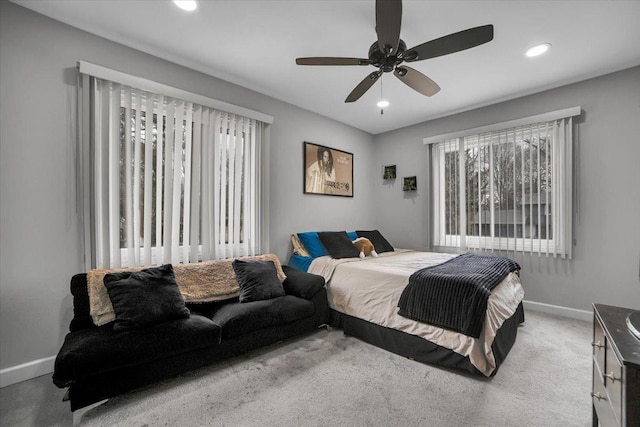 bedroom with carpet, baseboards, ceiling fan, and recessed lighting