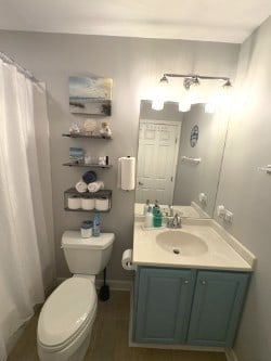 bathroom featuring a shower with curtain, baseboards, toilet, and vanity