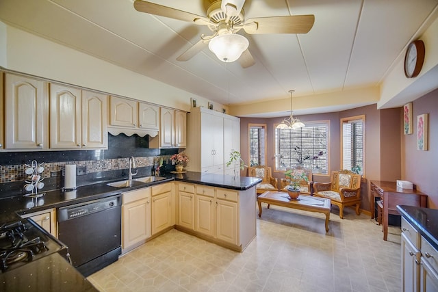 11850 Windemere Ct Unit 103, Orland Park, IL 60467 - kitchen with tasteful backsplash, a sink, ceiling fan, black dishwasher, and a peninsula