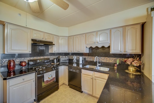11850 Windemere Ct Unit 103, Orland Park, IL 60467 - kitchen with a sink, a ceiling fan, tasteful backsplash, under cabinet range hood, and black appliances