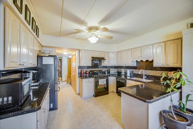 11850 Windemere Ct Unit 103, Orland Park, IL 60467 - kitchen with a sink, decorative backsplash, black appliances, ceiling fan, and dark stone counters