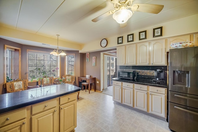11850 Windemere Ct Unit 103, Orland Park, IL 60467 - kitchen featuring stainless steel fridge with ice dispenser, a wealth of natural light, backsplash, and ceiling fan