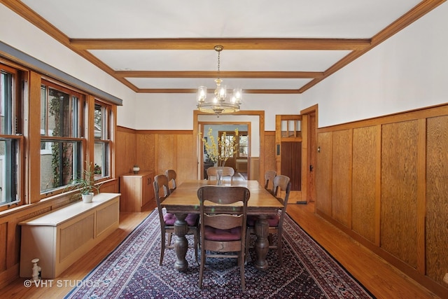 dining room featuring a chandelier, wood finished floors, beamed ceiling, and wainscoting