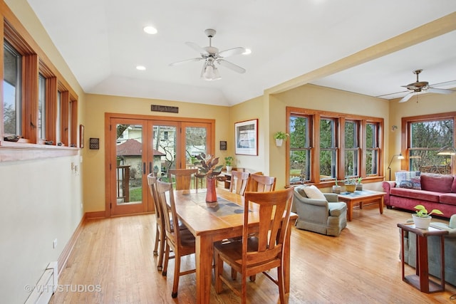 dining room with light wood finished floors, ceiling fan, baseboards, and recessed lighting
