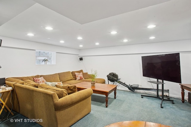 living room featuring recessed lighting and carpet flooring
