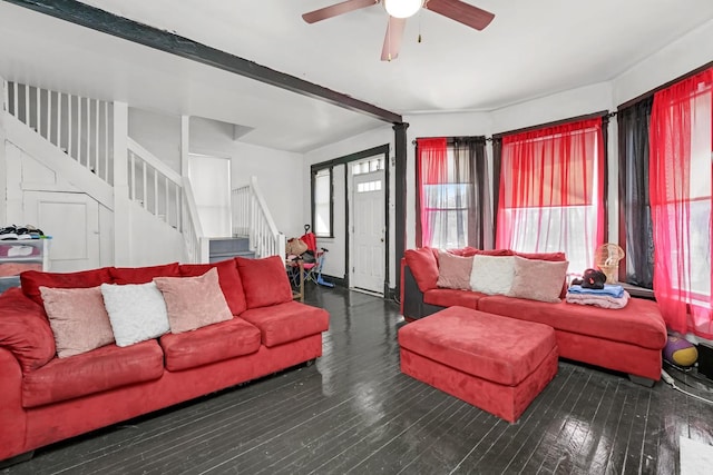4734 W Monroe St, Chicago, IL 60644 - living room featuring wood finished floors, beam ceiling, stairway, and a ceiling fan