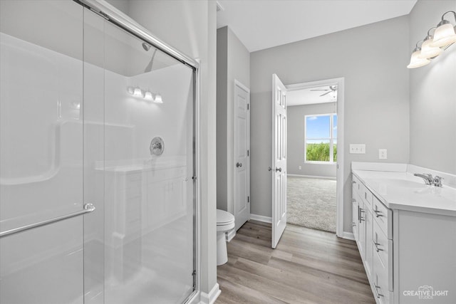full bathroom featuring a shower stall, vanity, and wood finished floors