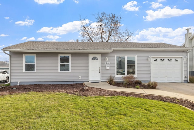 ranch-style house featuring an attached garage, a shingled roof, a front yard, and driveway