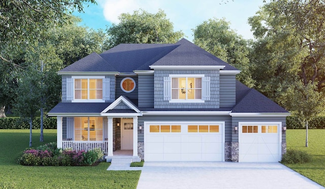 view of front of property featuring a front yard, an attached garage, stone siding, covered porch, and driveway