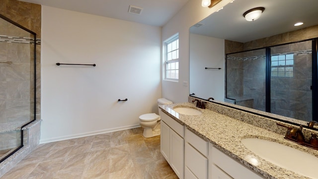 full bath with toilet, visible vents, a sink, and a stall shower