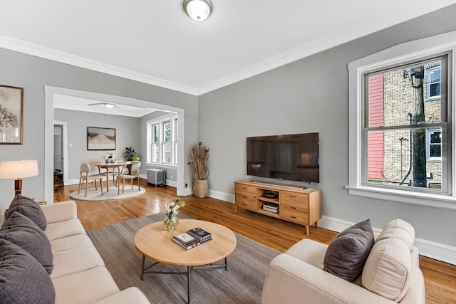 living room featuring crown molding, radiator heating unit, baseboards, and wood finished floors