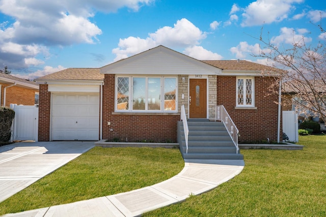 ranch-style house featuring a front yard, fence, brick siding, an attached garage, and concrete driveway