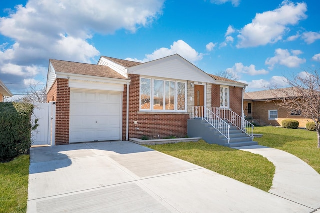 ranch-style house featuring concrete driveway, a front yard, brick siding, a garage, and a gate