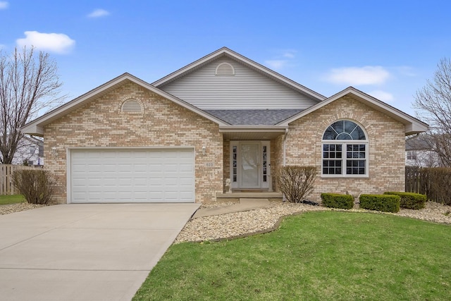 623 Coneflower Ct, Romeoville, IL 60446 - ranch-style home featuring concrete driveway, a front yard, brick siding, and an attached garage