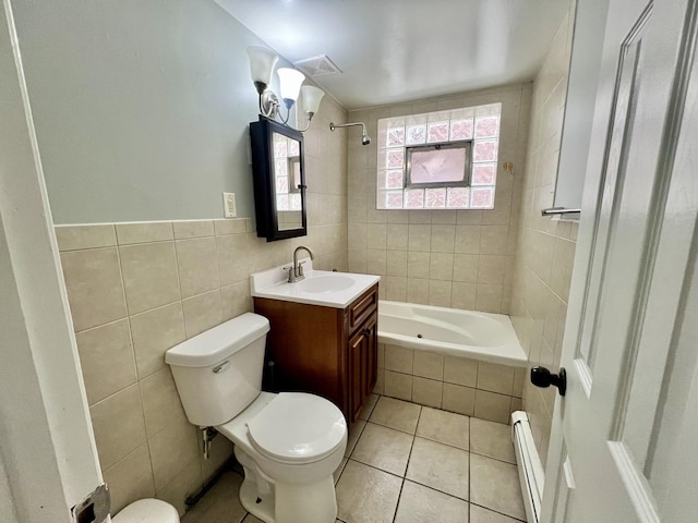 bathroom featuring a baseboard radiator, tile walls, toilet, tile patterned flooring, and tiled shower / bath
