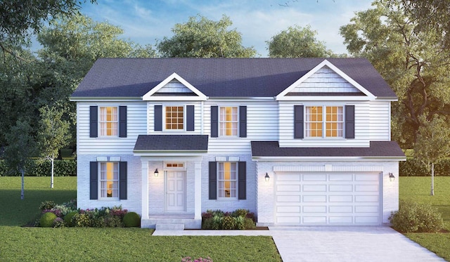 view of front of house with brick siding, concrete driveway, a front yard, and a garage