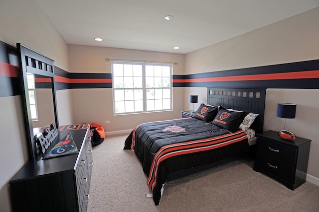 carpeted bedroom with baseboards and recessed lighting