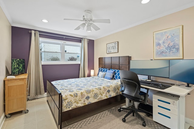 bedroom featuring recessed lighting, ornamental molding, light tile patterned floors, baseboards, and ceiling fan