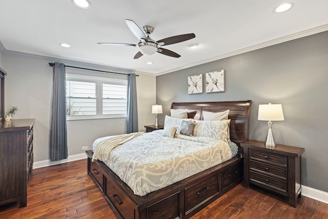 bedroom featuring dark wood-style flooring, a ceiling fan, baseboards, ornamental molding, and recessed lighting