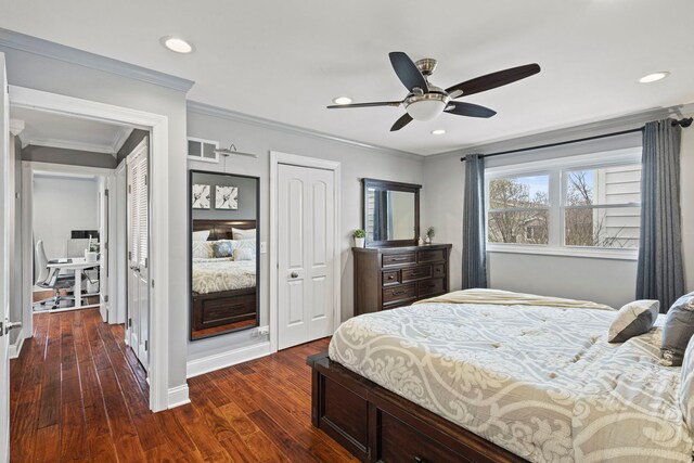 bedroom with ornamental molding, dark wood-style flooring, visible vents, and recessed lighting