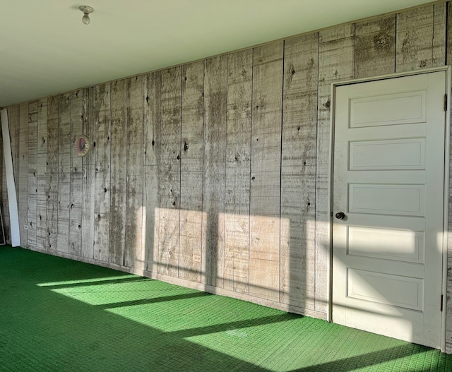 interior space featuring carpet floors and wood walls
