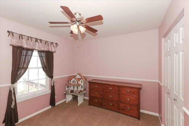 1423 Deer Creek Ln, Lake In The Hills, IL 60156 - bedroom featuring light carpet, baseboards, and ceiling fan