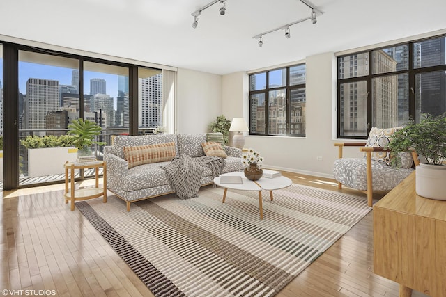 living room with hardwood / wood-style flooring, track lighting, baseboards, and a view of skyline