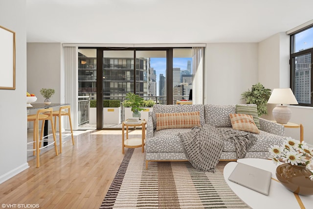 living room with expansive windows, wood finished floors, a view of skyline, and baseboards