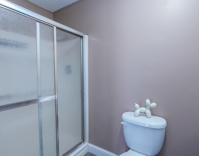 full bathroom featuring a stall shower and toilet