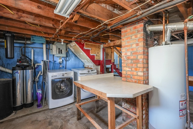 unfinished below grade area with water heater, independent washer and dryer, electric panel, and stairway