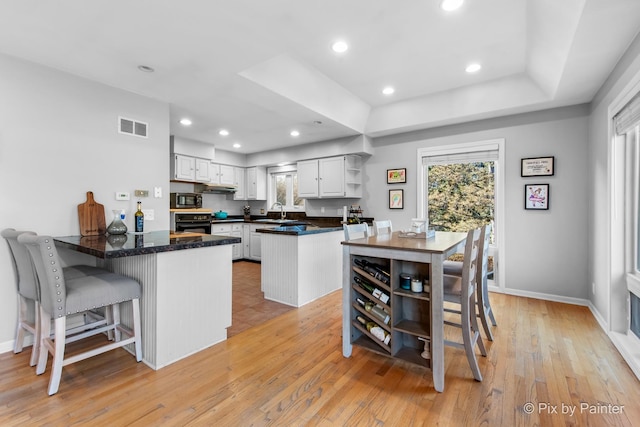 3134 Chellington Dr, Johnsburg, IL 60051 - kitchen with open shelves, a sink, visible vents, white cabinets, and a peninsula