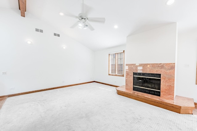 7733 Suburban Ln, Bridgeview, IL 60455 - unfurnished living room with heating unit, a fireplace, ceiling fan, recessed lighting, and light carpet