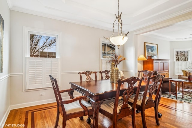 dining area with baseboards, wood finished floors, crown molding, and a raised ceiling