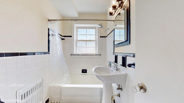 502 Bonnie Brae Pl Unit C2, River Forest, IL 60305 - full bathroom with shower / tub combo with curtain, radiator heating unit, and tile walls