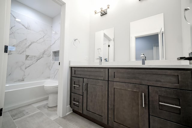 bathroom with a sink, double vanity, toilet, and bathing tub / shower combination