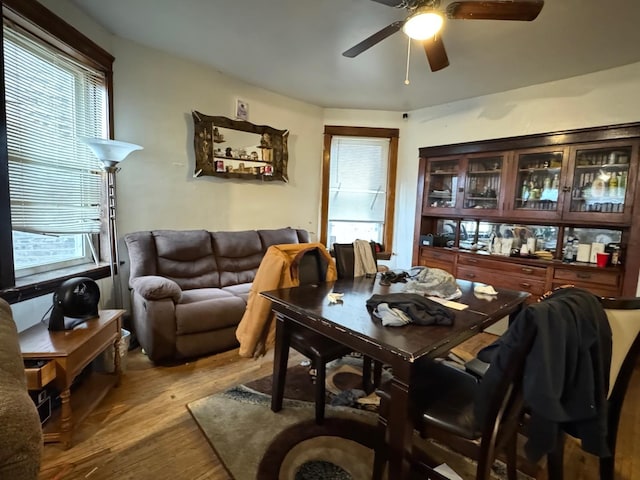 dining space featuring wood finished floors, a healthy amount of sunlight, and a ceiling fan