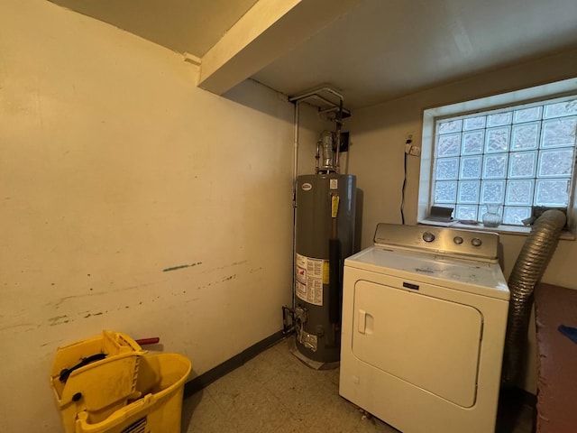 laundry area with water heater, light floors, laundry area, washer / dryer, and baseboards
