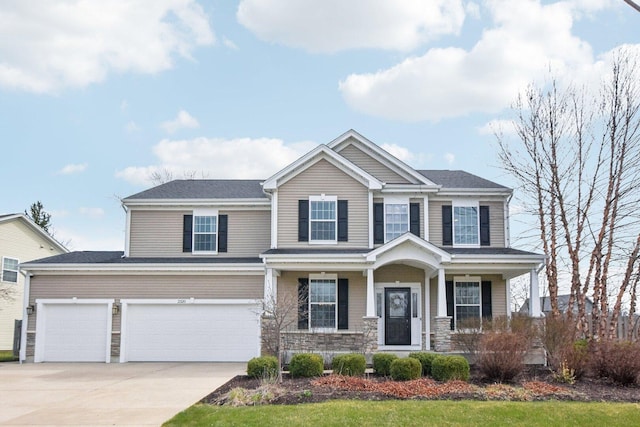 craftsman-style house with concrete driveway, a garage, stone siding, and covered porch