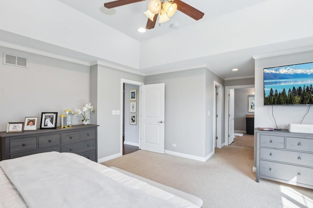 bedroom featuring crown molding, carpet, visible vents, recessed lighting, and baseboards