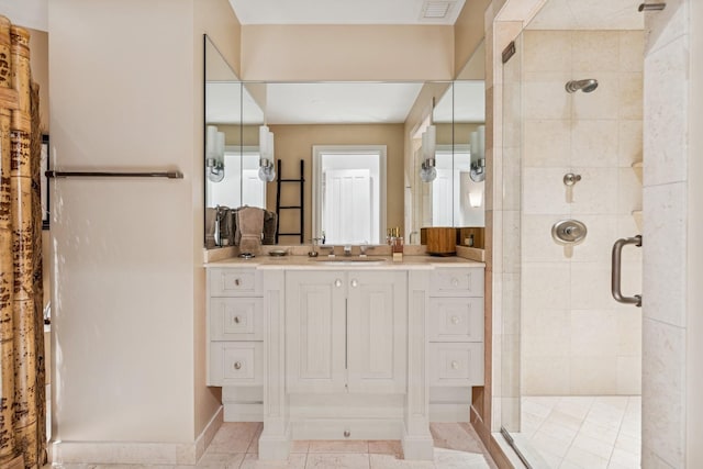 bathroom with tile patterned floors, vanity, a stall shower, and visible vents