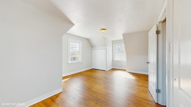 bonus room featuring vaulted ceiling, wood finished floors, and a wealth of natural light