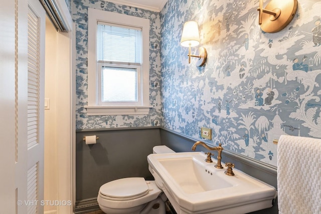 bathroom featuring wainscoting, toilet, a sink, and wallpapered walls