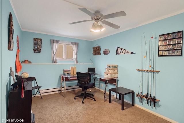 carpeted office space featuring crown molding, ceiling fan, baseboards, and a baseboard radiator